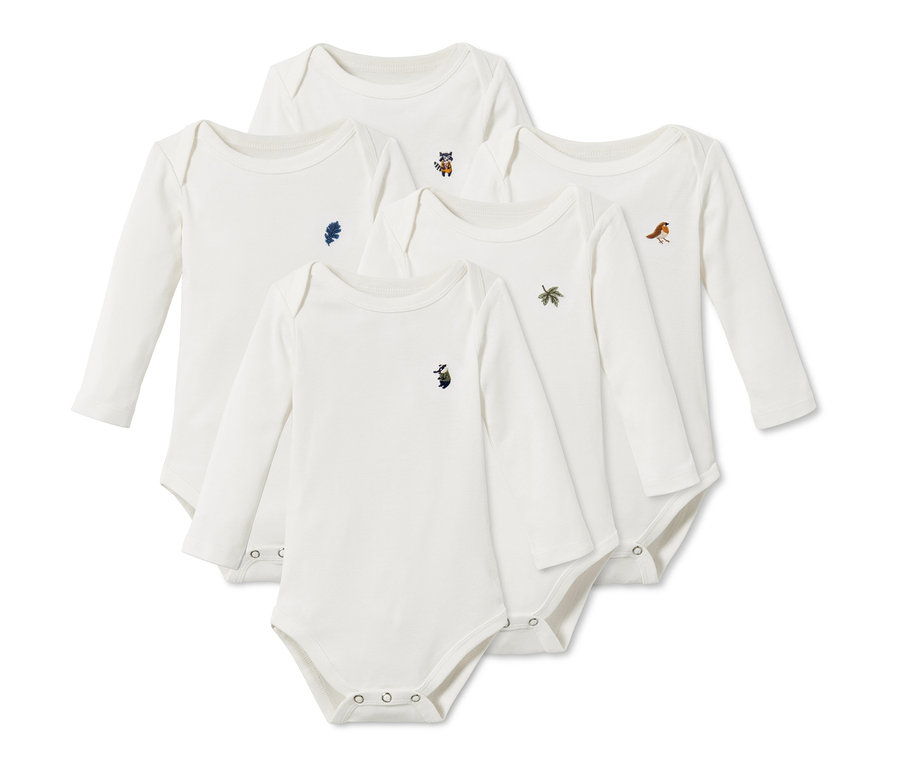 Öt fehér, hosszú ujjú body állat- és növényhímzéssel.