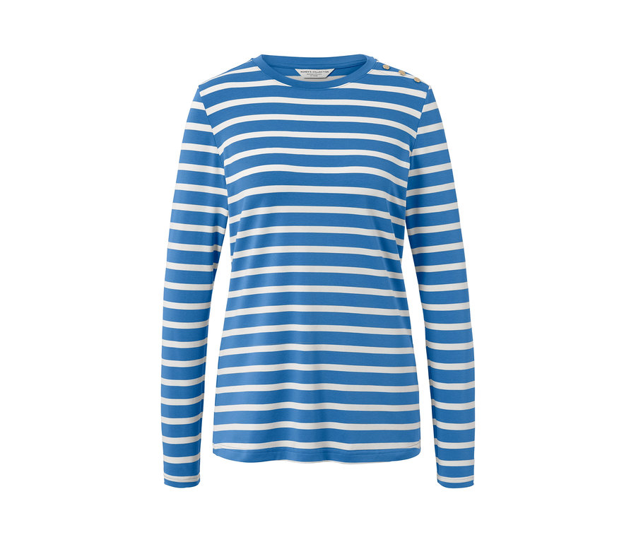 Kék-fehér csíkos, hosszú ujjú felső.