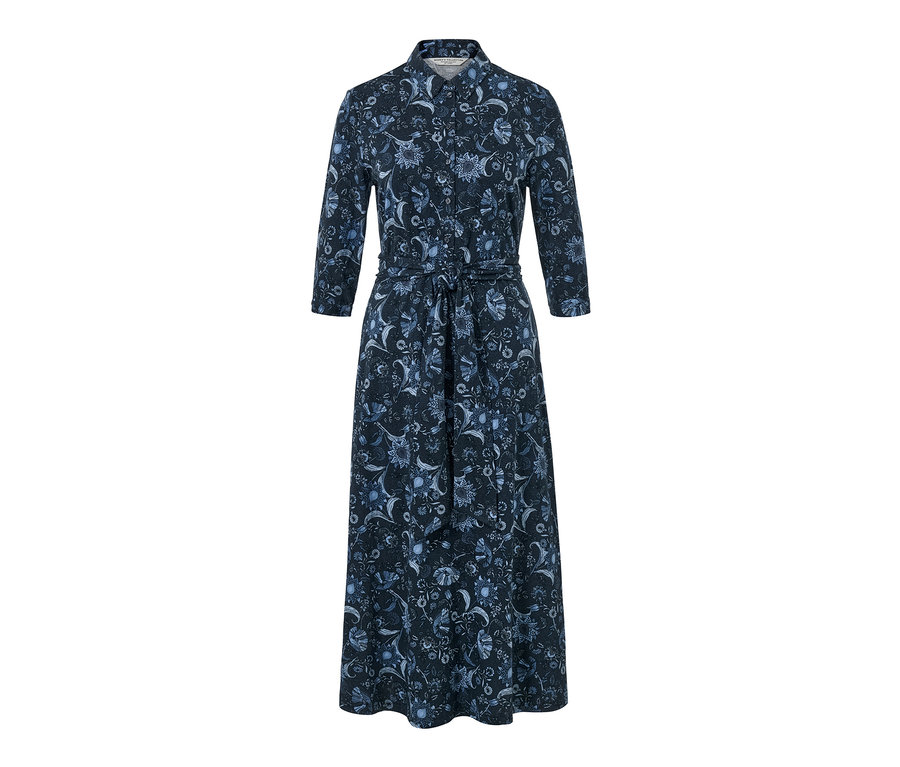 Hosszú, virágmintás, sötétkék dzsörzéruha.
