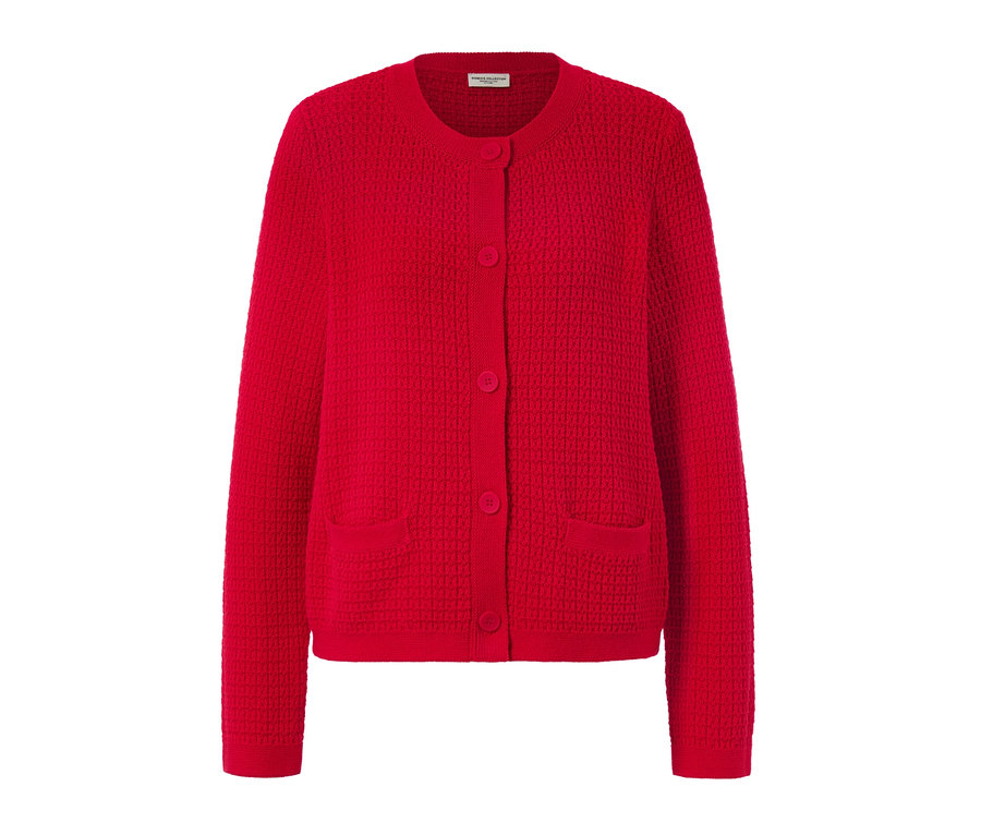 Piros, kötött, strukturált női kardigán gombokkal és zsebekkel.