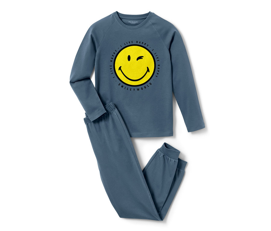 Kék, hosszú ujjú »Smiley« 2 részes fiú pizsama sárga mosolygós mintával.