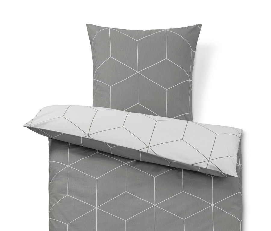 Szürke renforcé ágynemű geometrikus mintával.