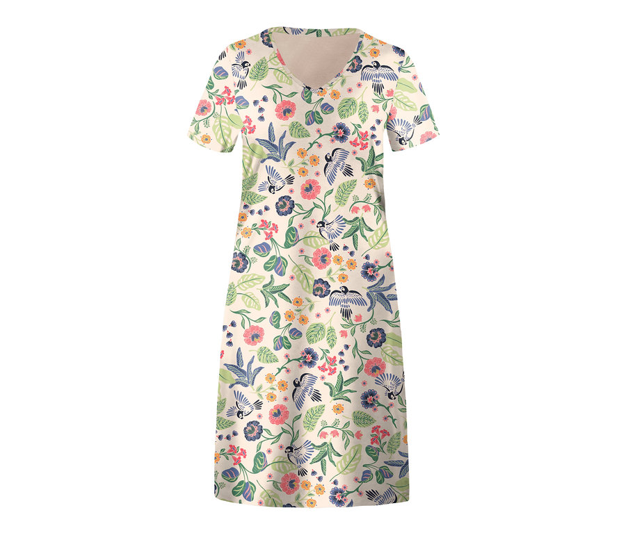 Bézs, rövid ujjú női hálóing virágokkal és madarakkal.