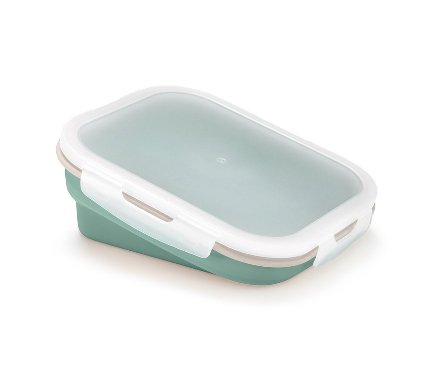 Összehajtható ételhordó doboz átlátszó fedéllel.