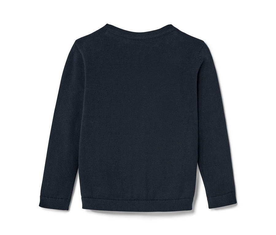 Sötétkék kötött gyerekkardigán fehér háttérrel.