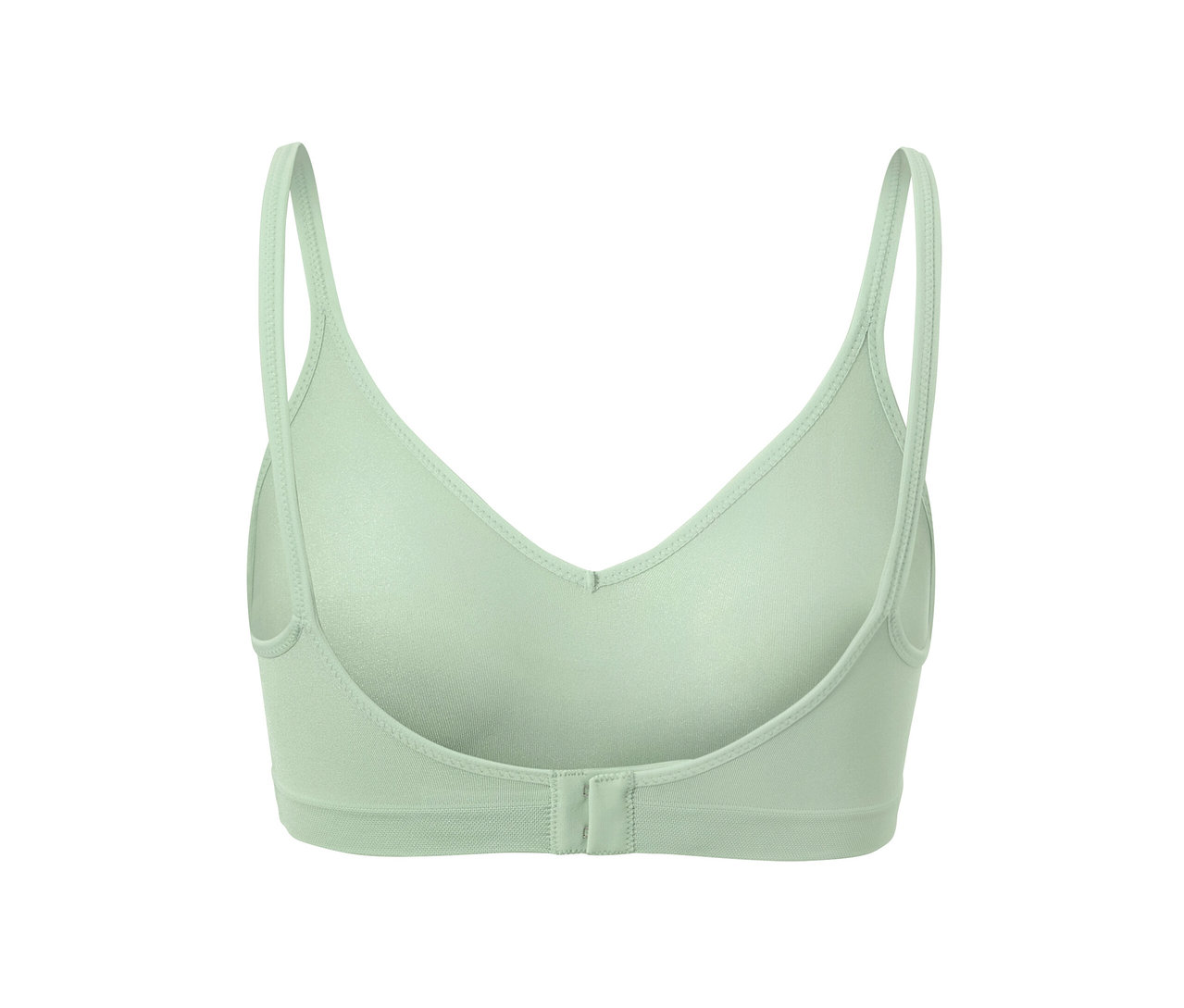 Egy világoszöld, női seamless puha melltartó hátulnézete.