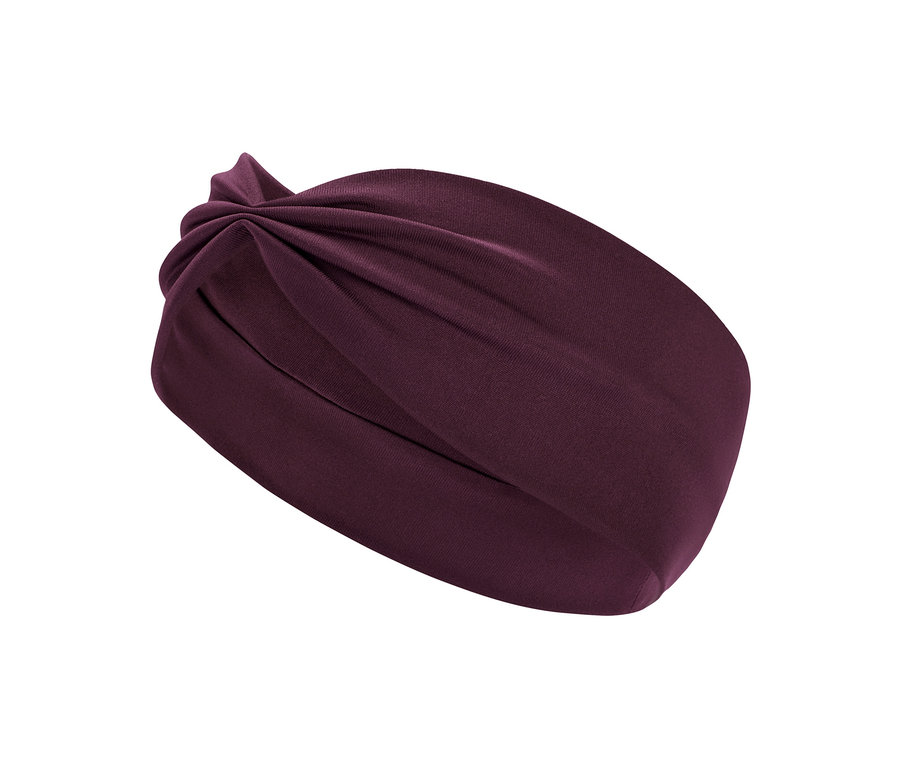 Női funkcionális fejpánt, padlizsán színben, fehér háttérrel.