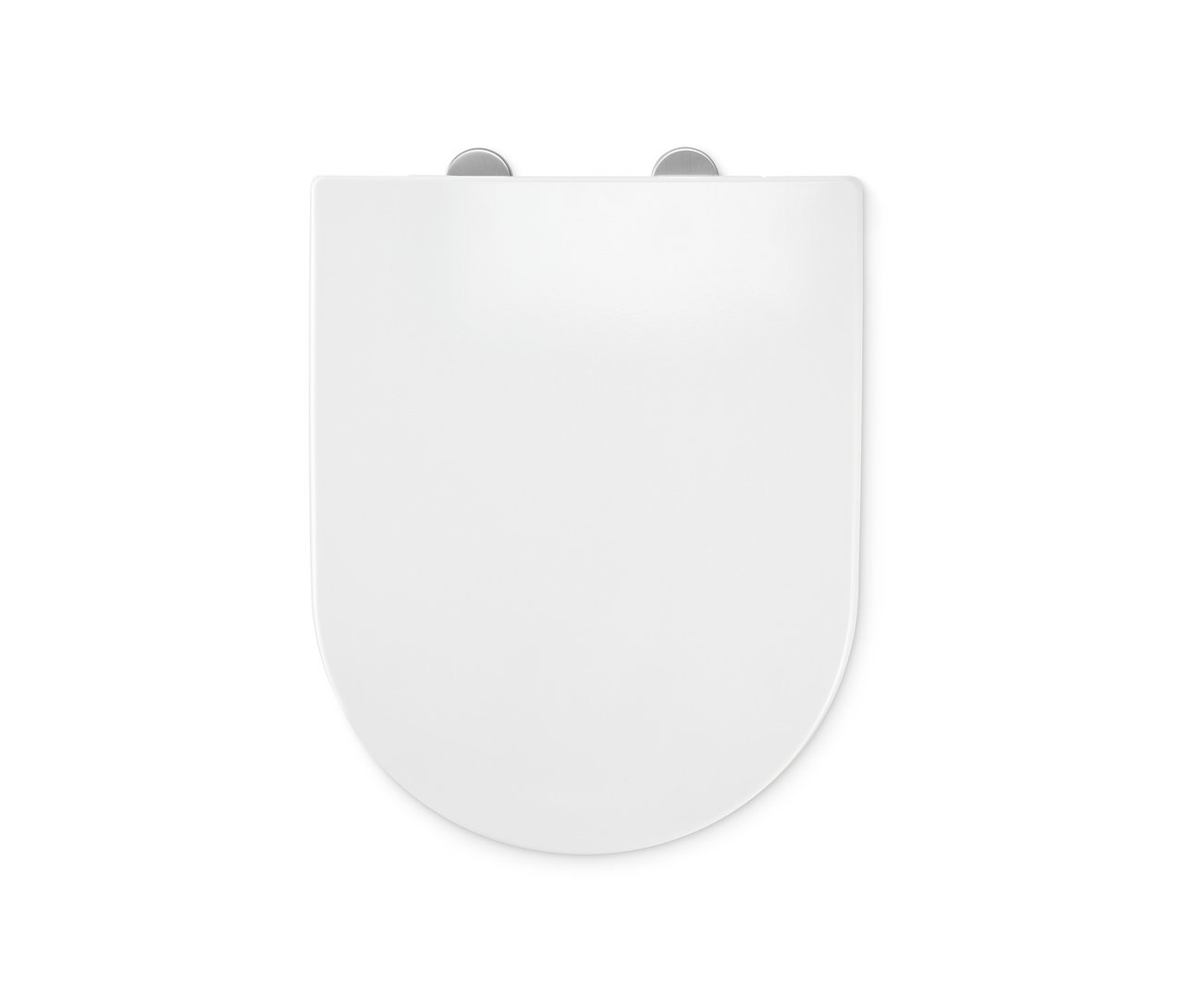Közeli felvétel egy fehér, prémium, könnyen lehajtható WC-ülőke felülnézetéről.