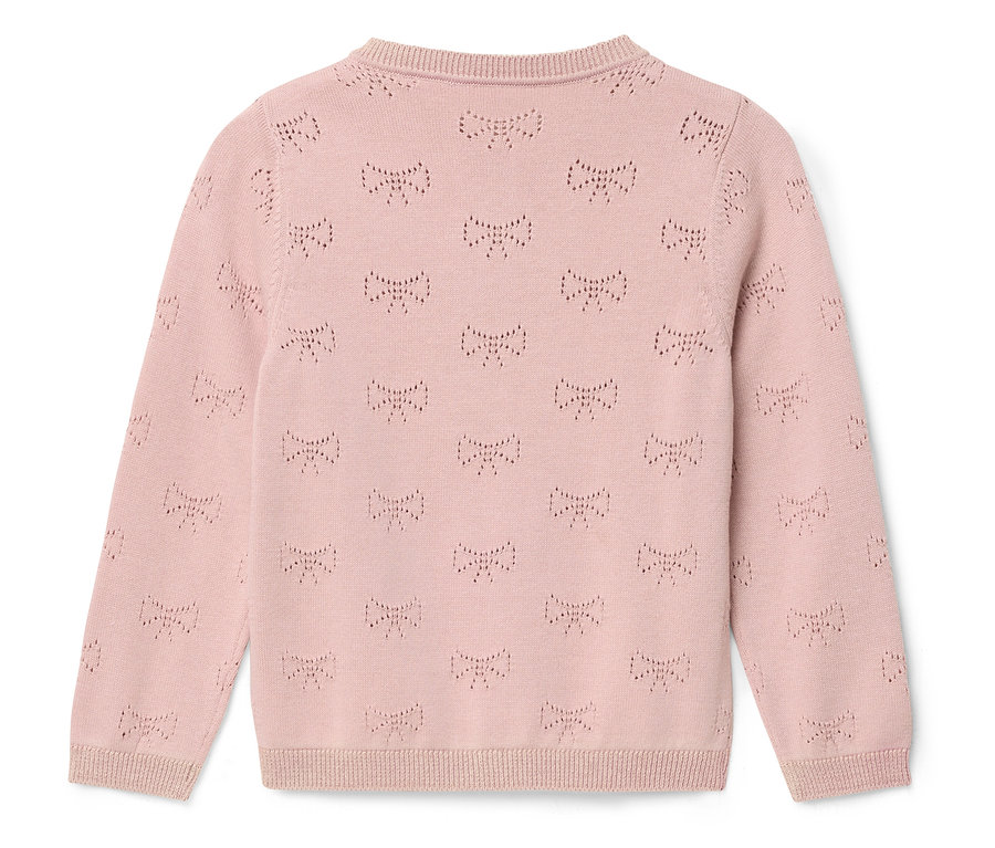 Rózsaszín, masnis mintás kardigán.