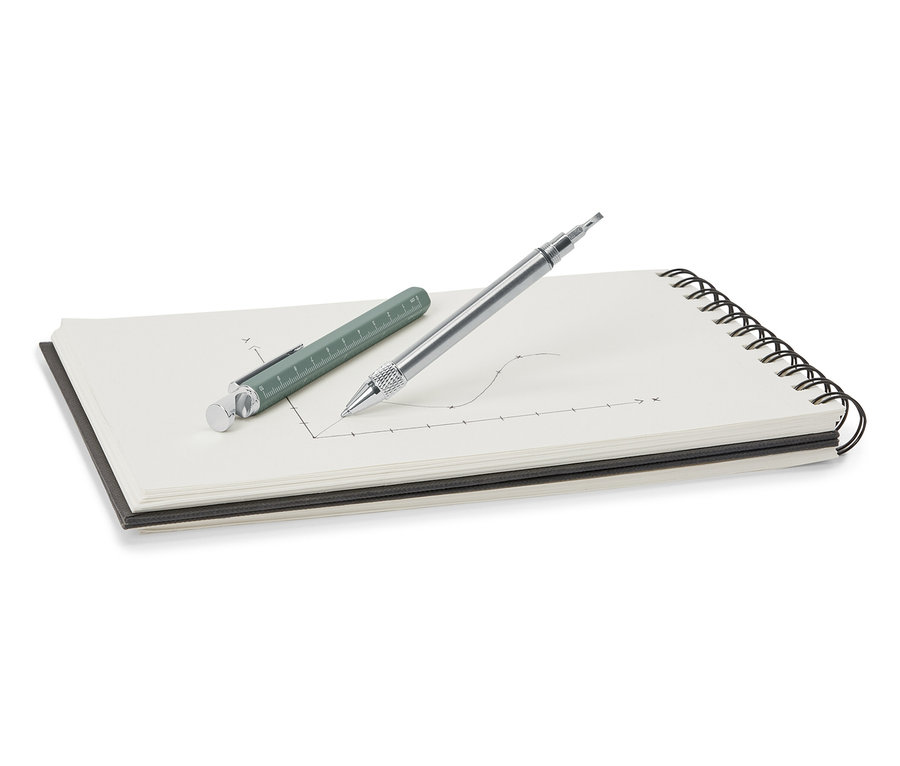 Egy zöld és egy ezüst multifunkciós toll fekszik egy jegyzettömbön.
