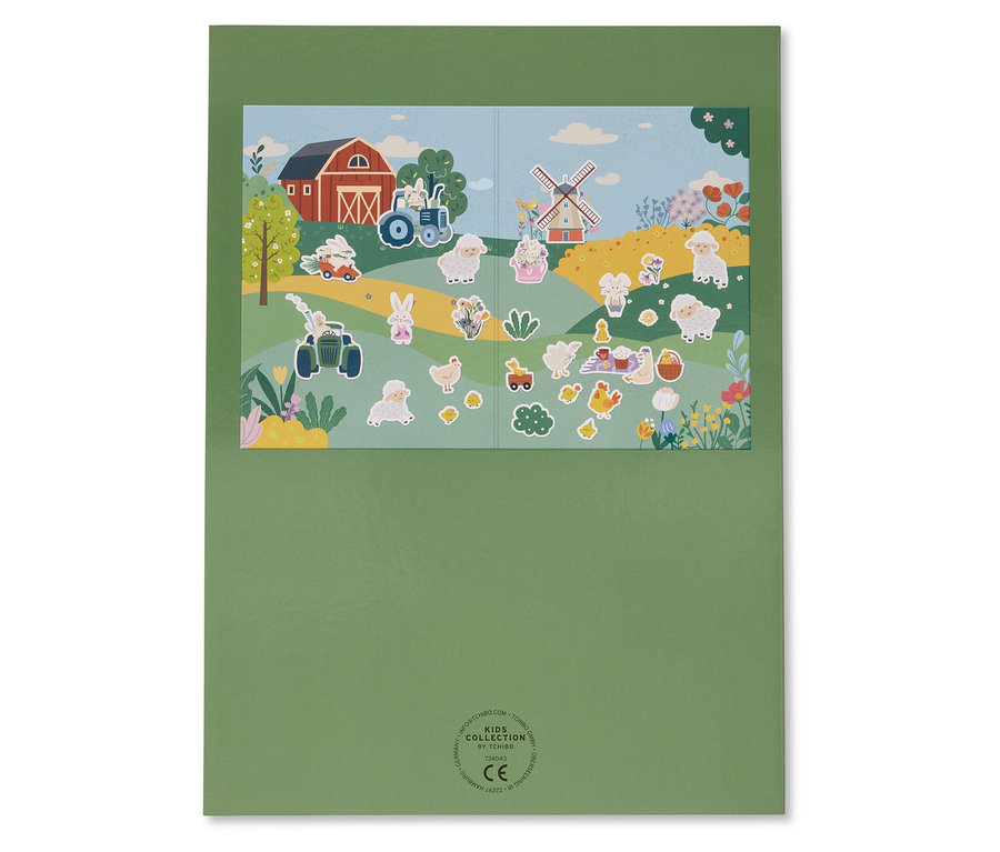 Matricaív farm témájú motívumokkal, köztük juhokkal, szélmalommal és traktorral.