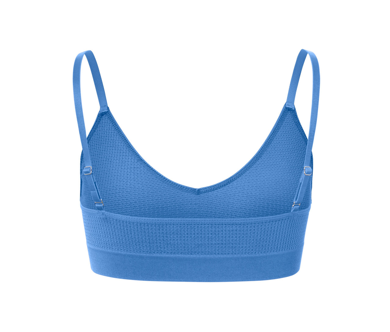 Kék, varrásmentes, strukturált bustier melltartó részletgazdag képe, állítható pántokkal.