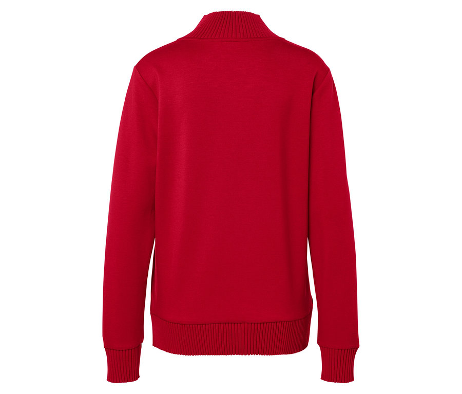 Egy piros, cipzáras pulóver hátulnézete.