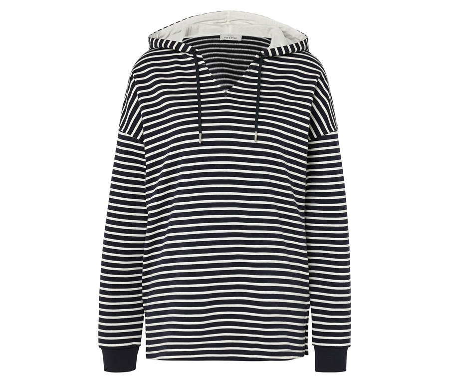Tengerészkék-fehér csíkos kapucnis pulóver.