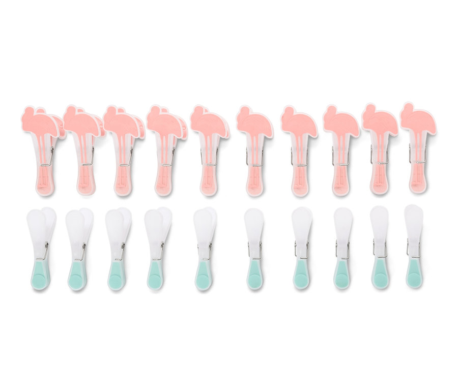 Két sor 20 darabos ruhacsipesz. Felső sor rózsaszín flamingókkal, alsó sor fehér türkizzel.