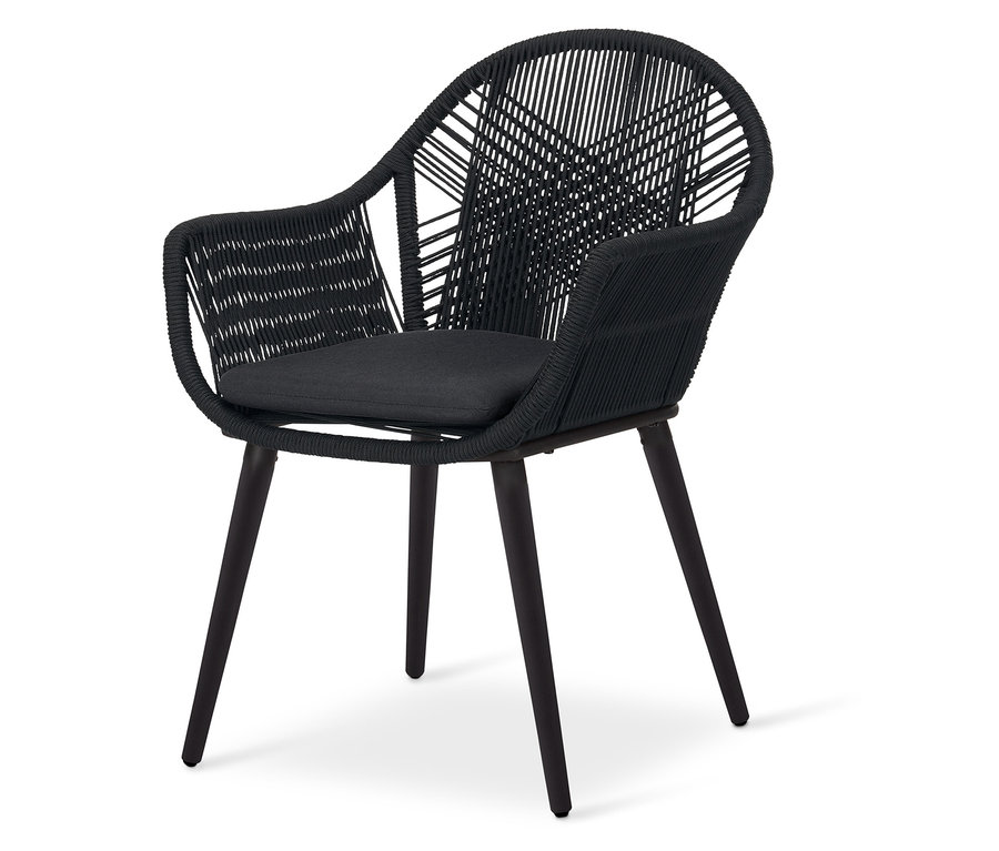 Fekete kerti szék textil keresztszőtt mintával és sötét fa lábakkal.