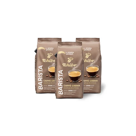 Három csomag Tchibo Barista Caffe Crema kávébab áll egy fehér felületen.