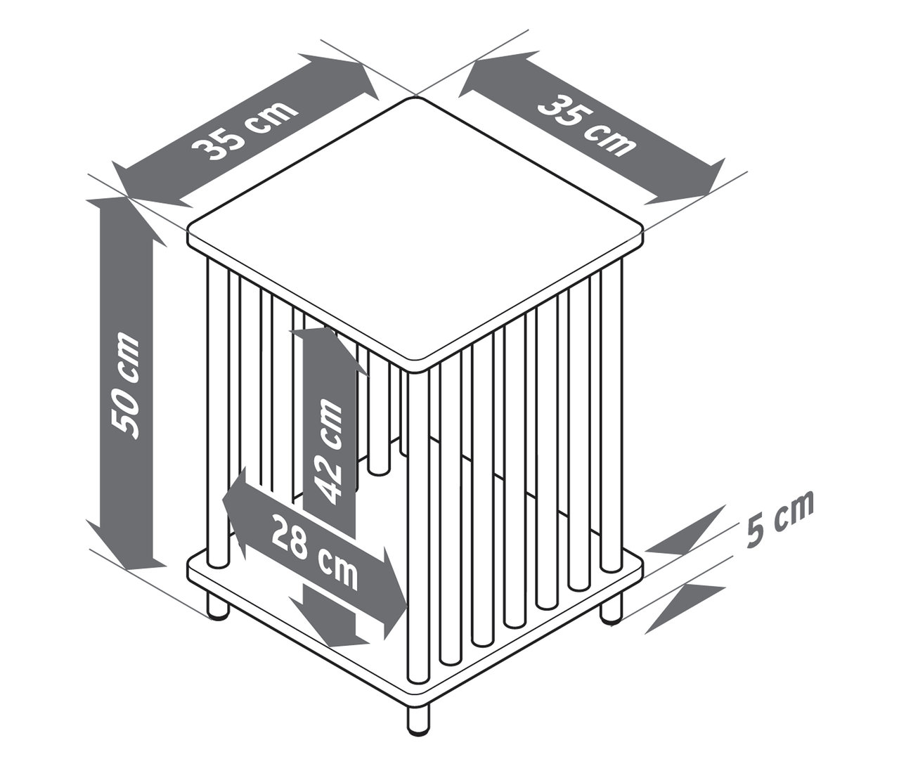 Felülnézet egy méretekkel ellátott oldalsó asztal sematikus ábrázolásáról.