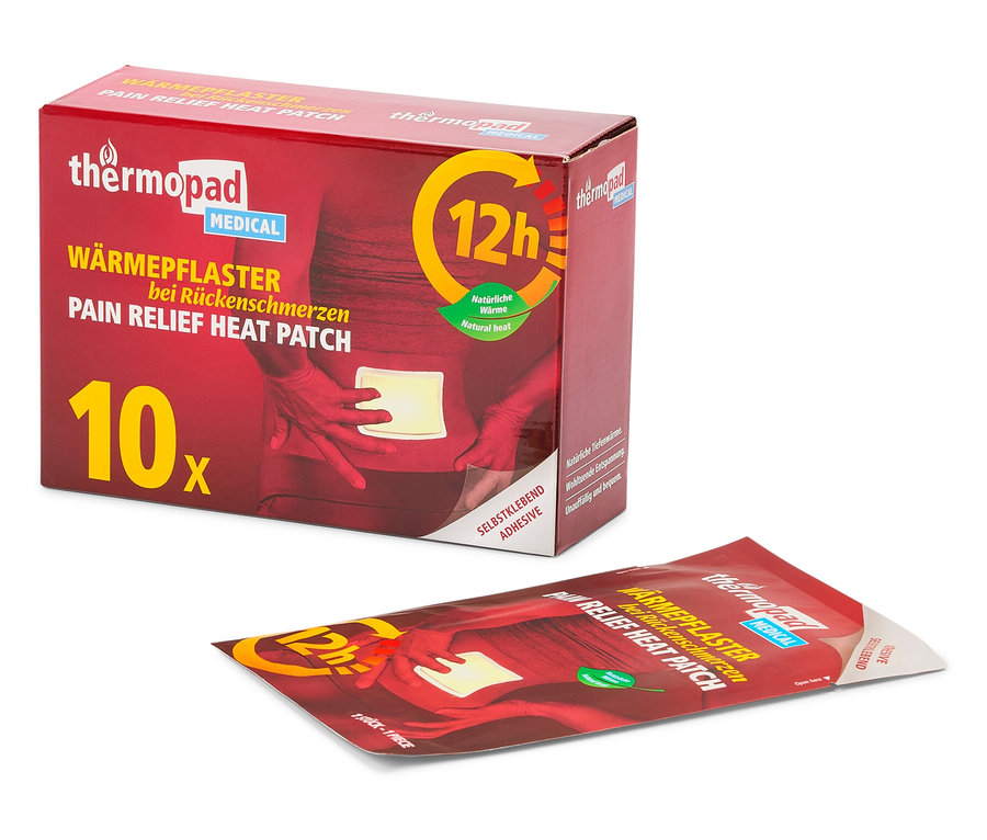 Egy csomag Thermopad hőtapasz és egy különálló hőtapasz látható fehér háttér előtt.