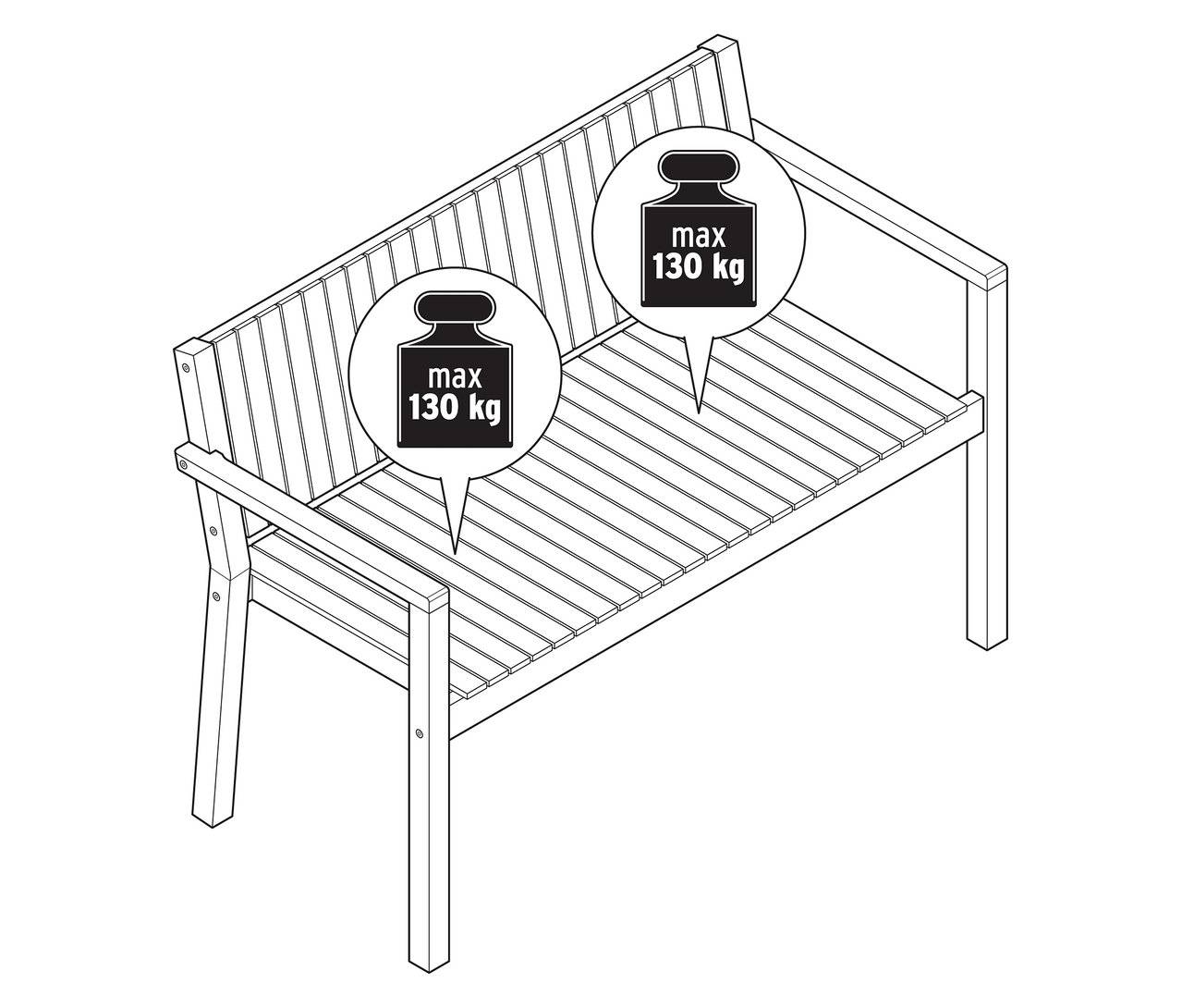 Felülnézet egy kb. 120 cm-es kerti padra, a maximális súlyra vonatkozó útmutatóval.