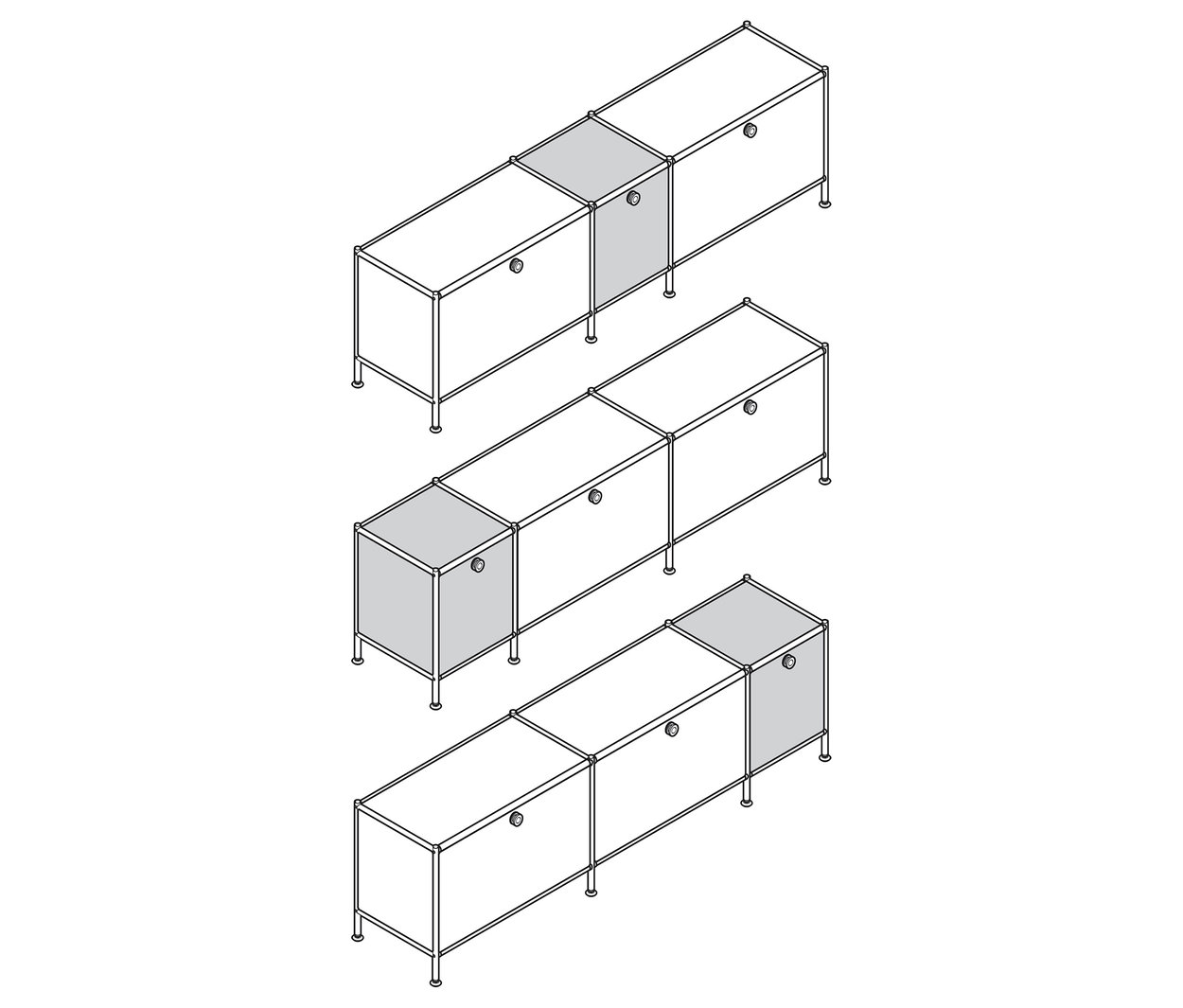 Három »CN3« alacsony komód, mindegyik 3 ajtós, fekete, fehér és szürke színben.