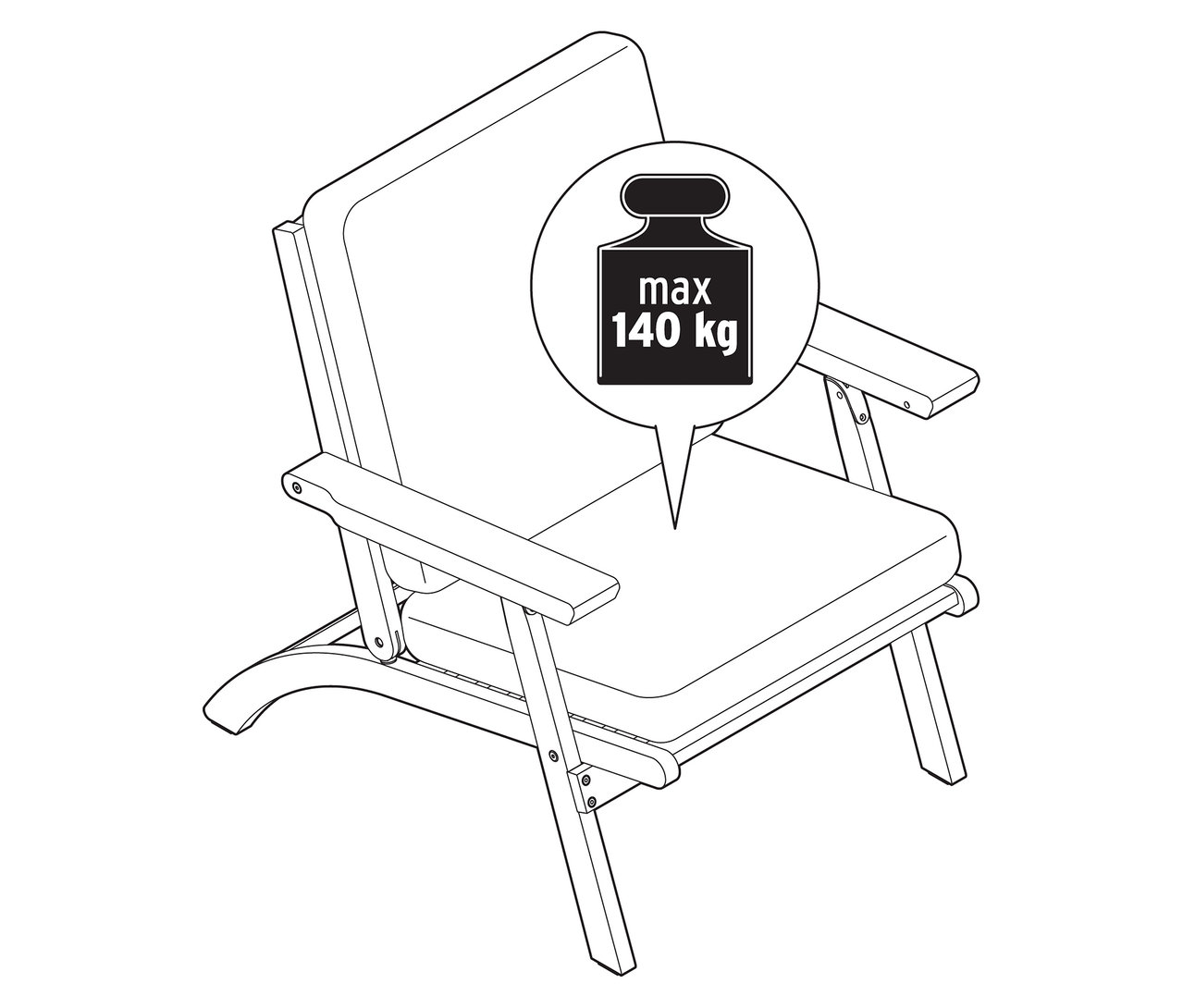 Illusztráció egy összecsukható kerti társalgószék prémium párnákkal, egy 4 darabos készlet része, maximum 140 kg súlyterheléssel.
