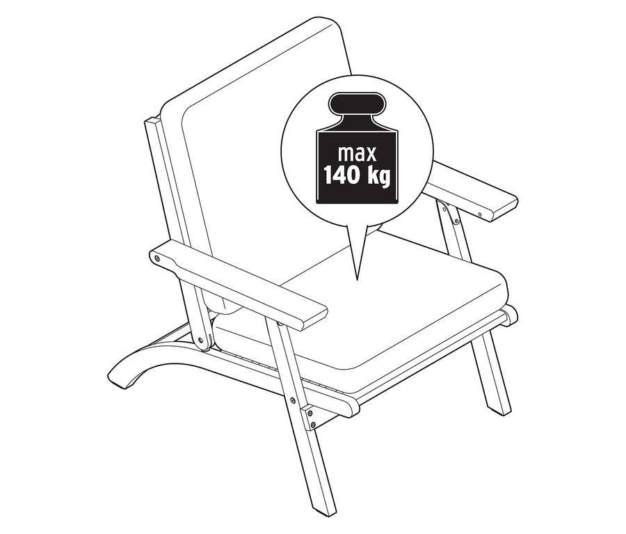 Illusztráció egy összecsukható kerti társalgószék prémium párnákkal, egy 4 darabos készlet része, maximum 140 kg súlyterheléssel.