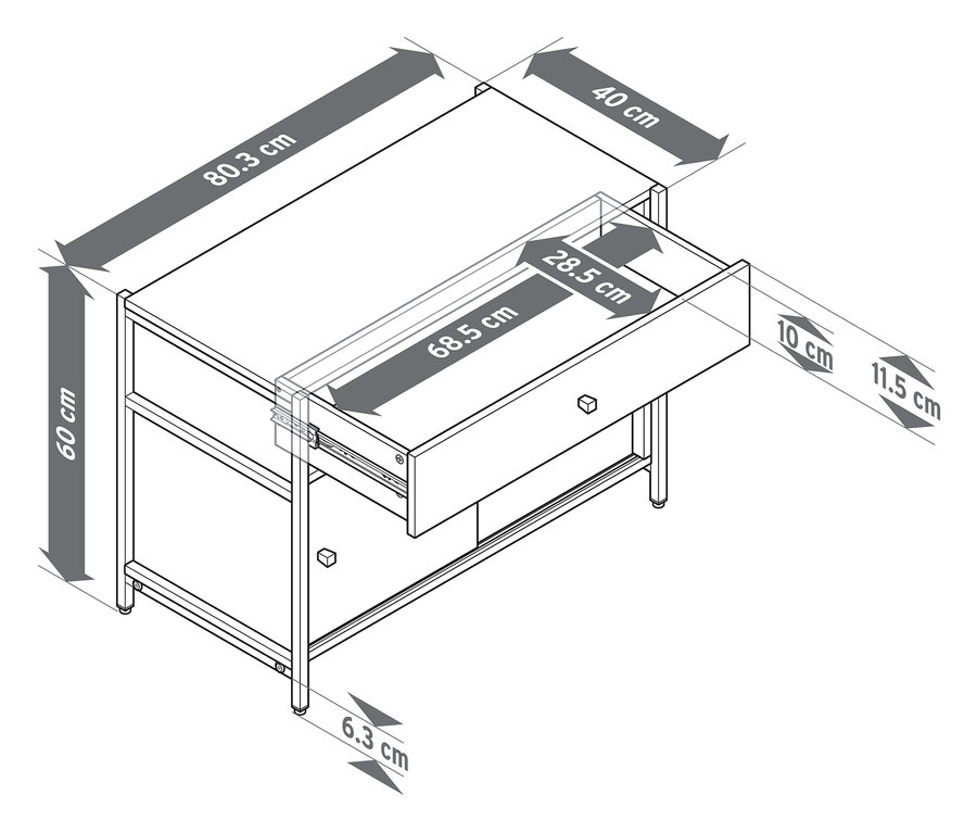 Felülnézet egy »GRADE« komódról fiókkal és tolóajtókkal, méretekkel.