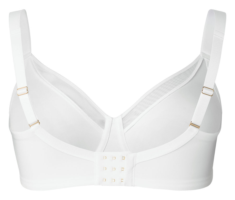 Fehér melltartó állítható pántokkal és hátul kapcsos záródással.