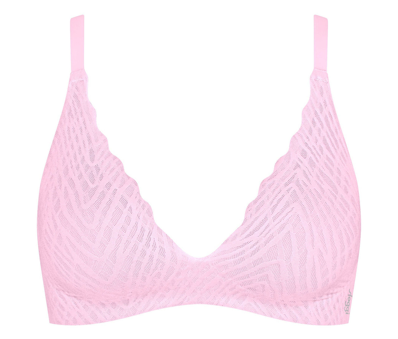 Rózsaszín mintás melltartó fehér háttérrel.