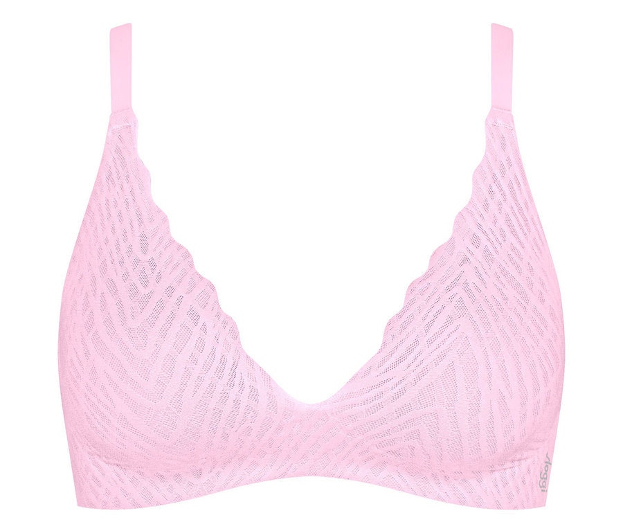 Rózsaszín mintás melltartó fehér háttérrel.