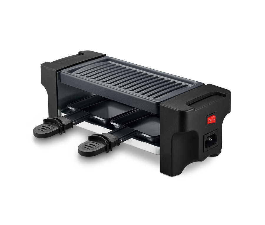 Fekete raclette grill két személy részére, bekapcsológombbal.