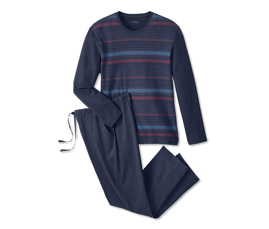 Kék pizsama, csíkos, hosszú ujjú felsővel és nadrággal.