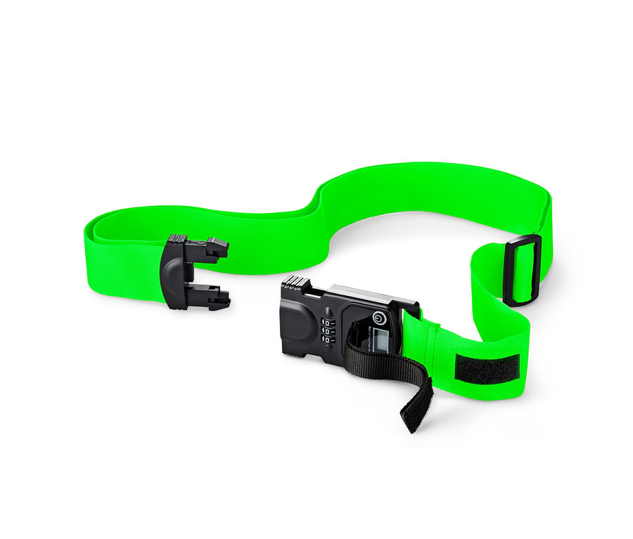 Zöld 3 az 1-ben bőröndpánt fekete mérleggel és számzárral.