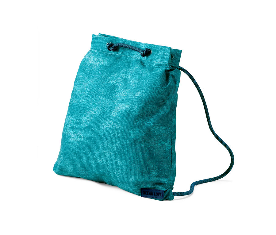 Türkiz színű tornazsák húzózsinórral.