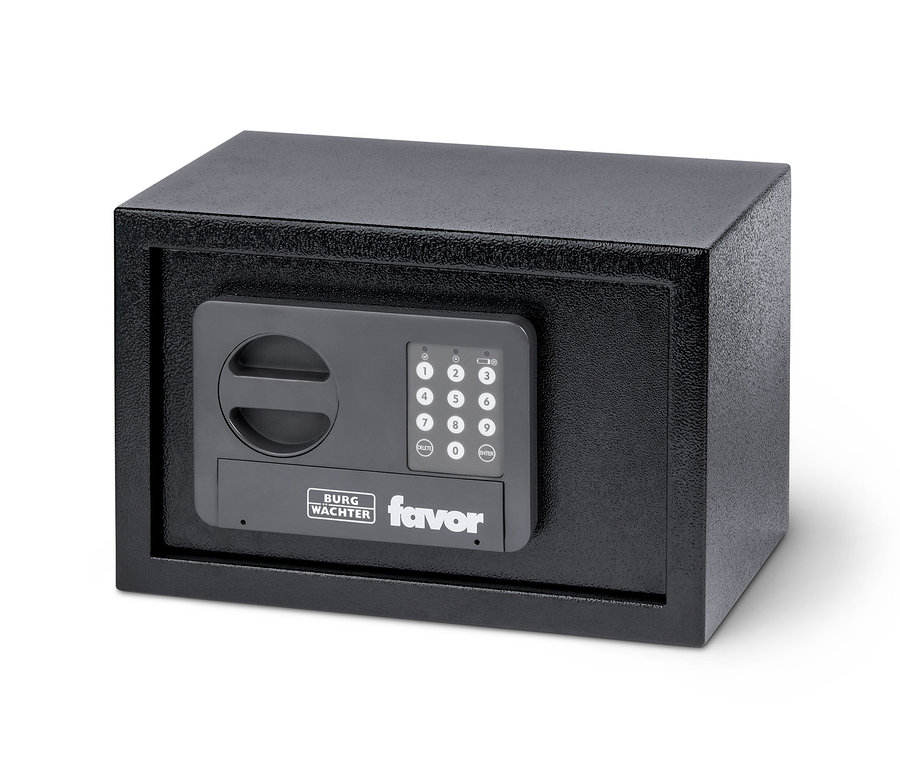 Egy fekete Bútorszéf digitális zárral.