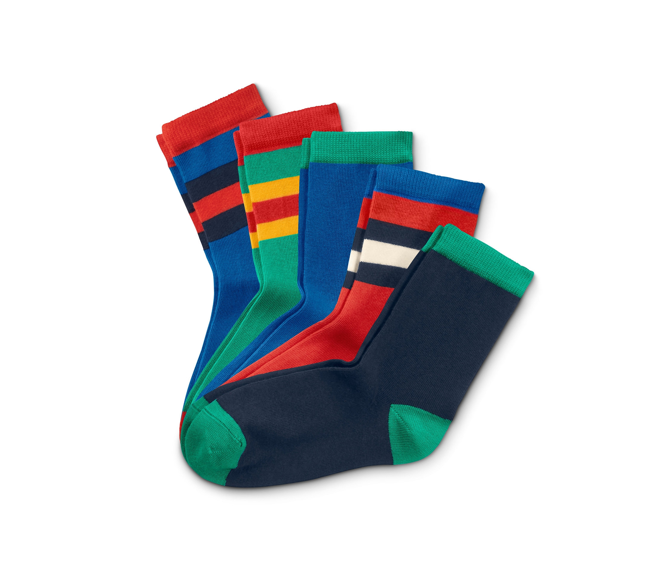 Öt pár színes zokni fekszik fehér háttéren.