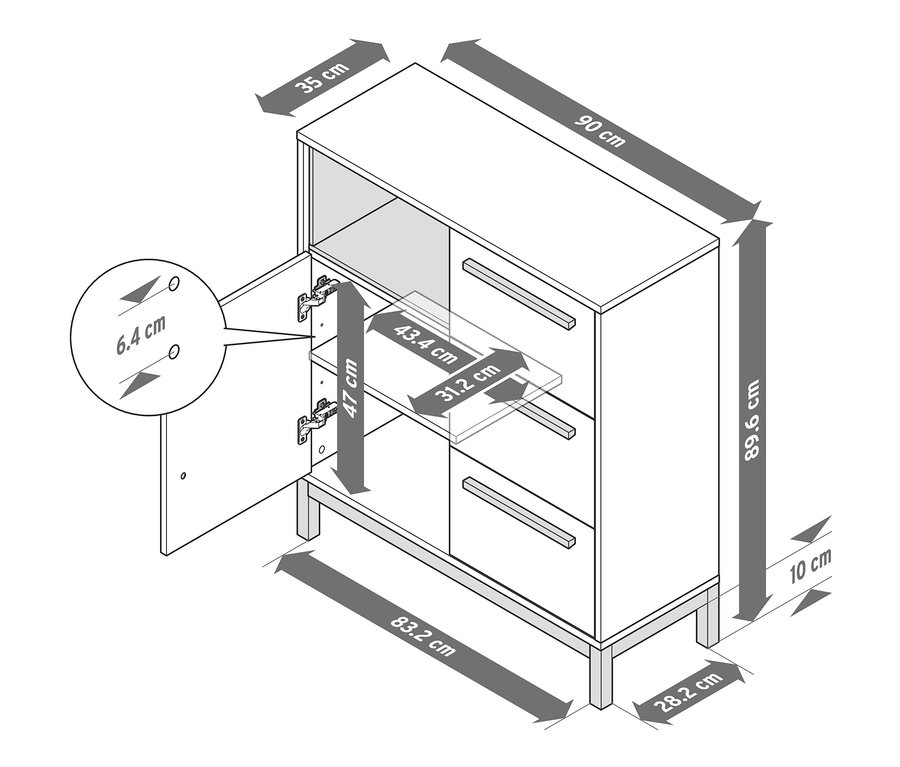 A nyitott »Eklund« fürdőszobai komód méretei.