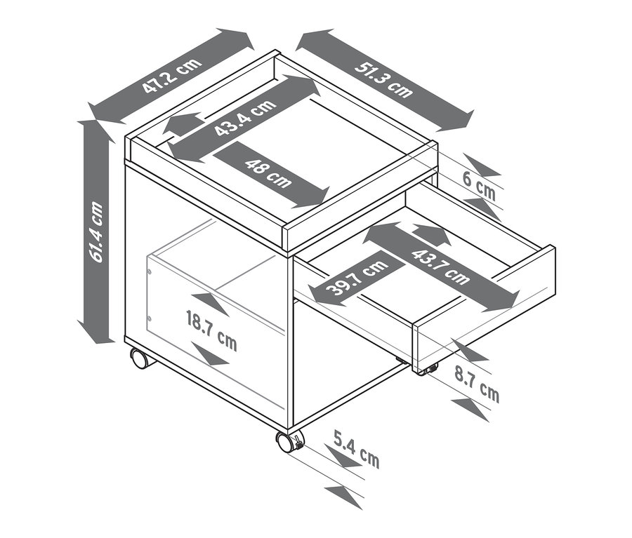 Vázlat egy görgős tárolóról, tálcával, méretekkel.