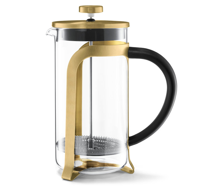 Egy arany színű, 800 ml-es, 6 csészés dugattyús kávéfőző fekete fogantyúval, fehér háttér előtt.