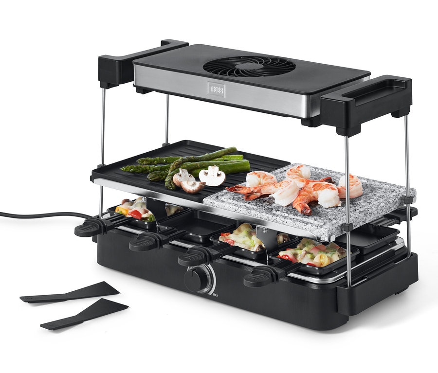 Trebs raclette elszívóval és kőlappal, garnélával, spárgával és gombával.