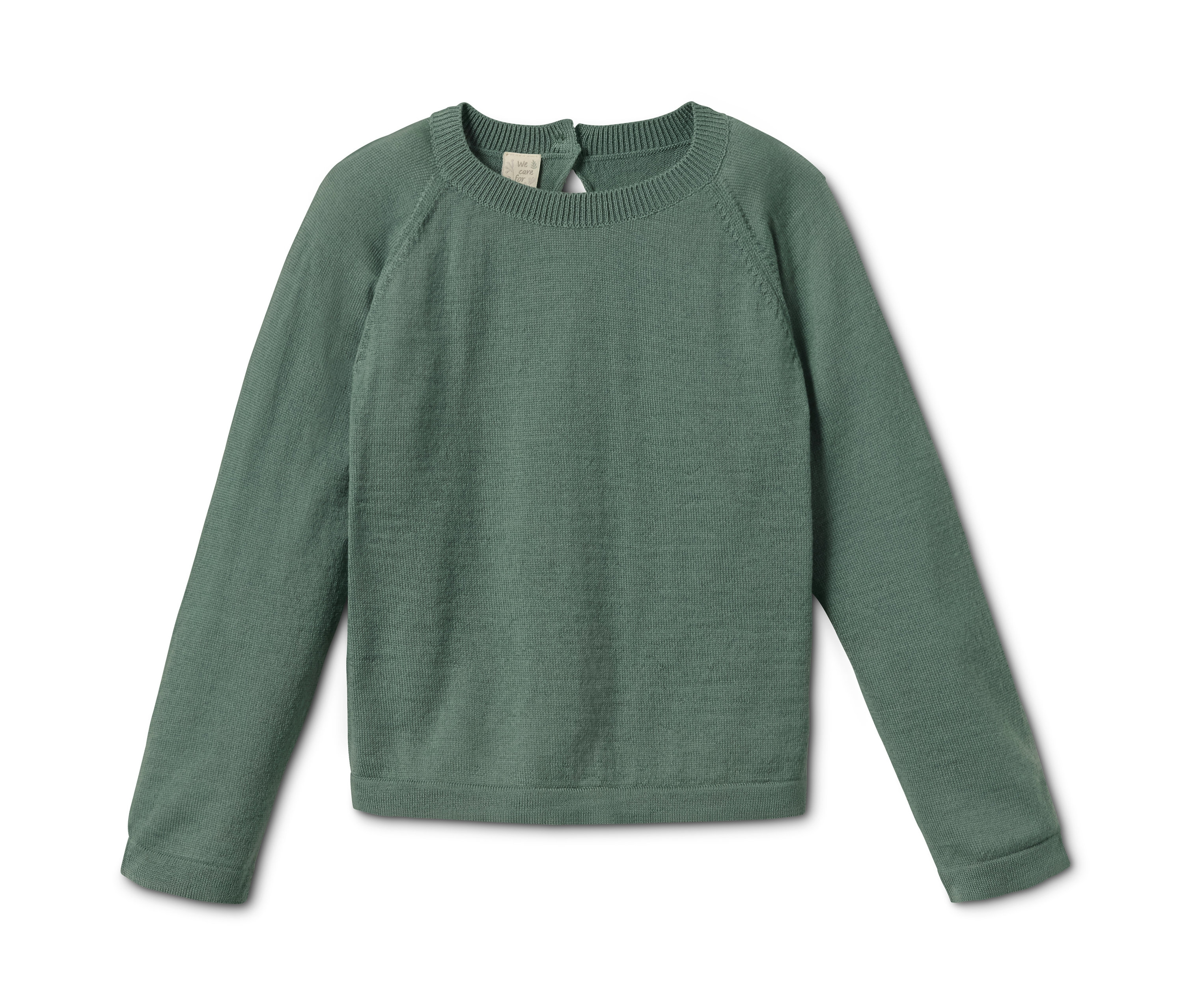 Egy zöld, kötött kisgyerek merinópulóver fekszik egy fehér háttéren.