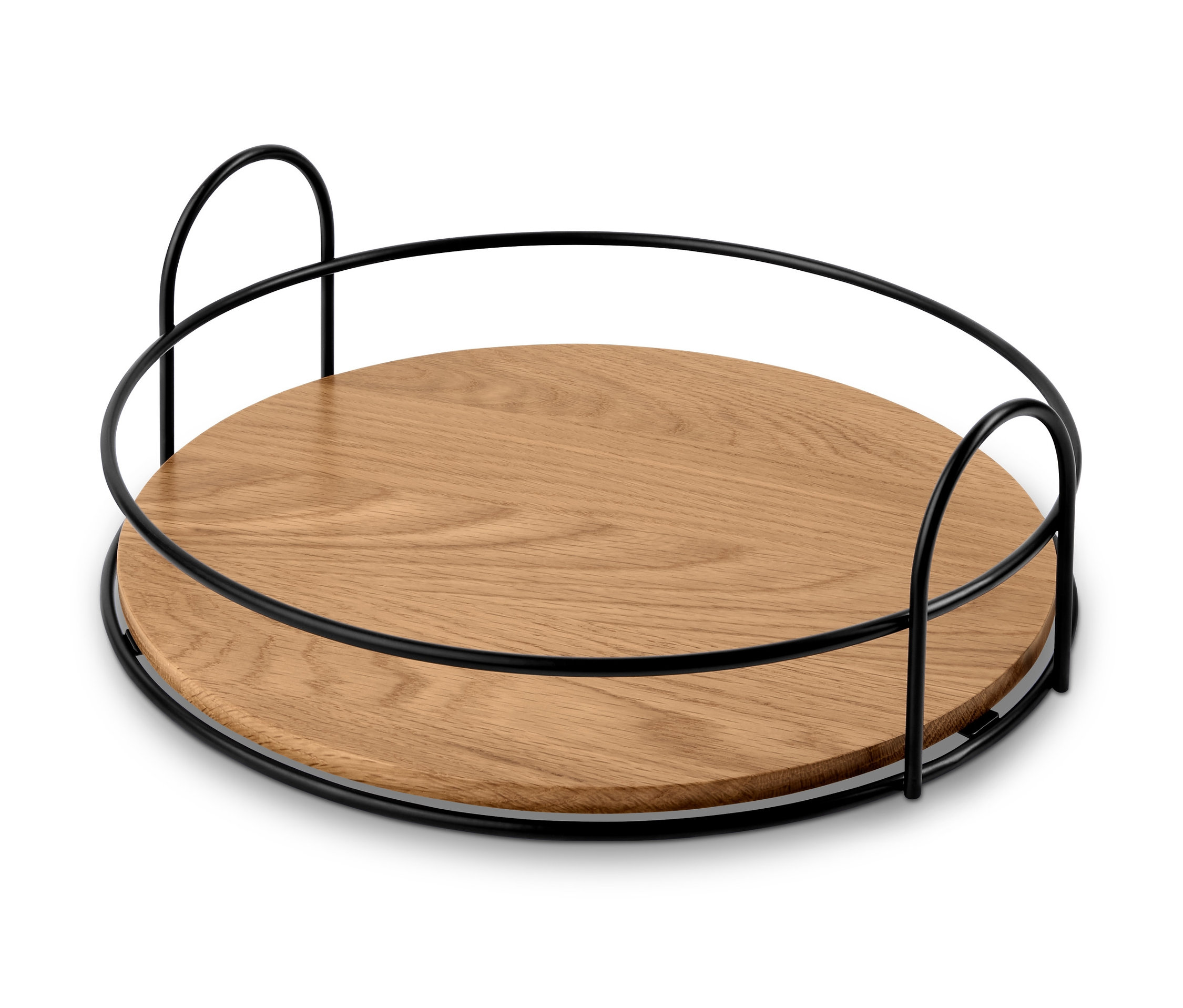 Elölnézet egy faaljú, fekete fémkeretes dísztálcáról.