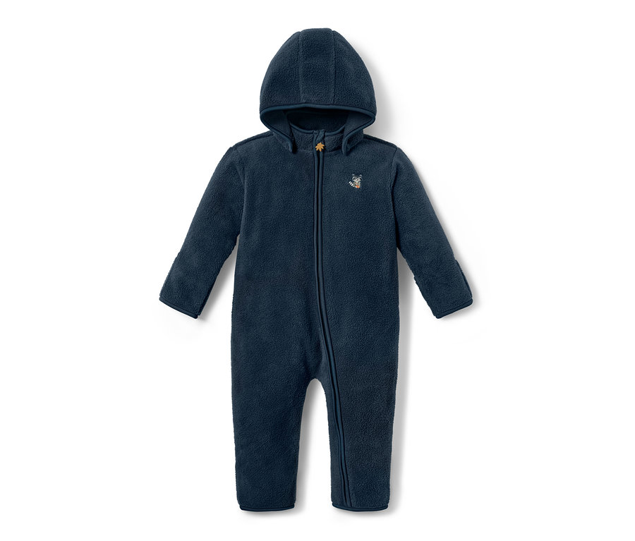 Sötétkék, cipzáras, kapucnis polár kezeslábas.