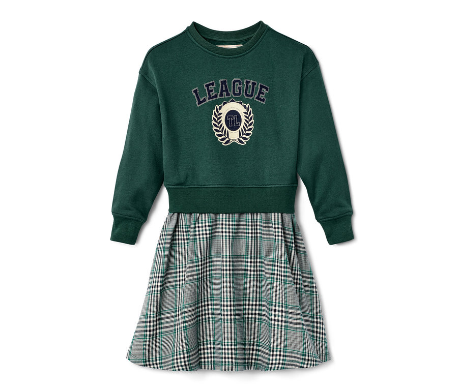 Zöld színű, kockás szoknyás lány lezser ruha.