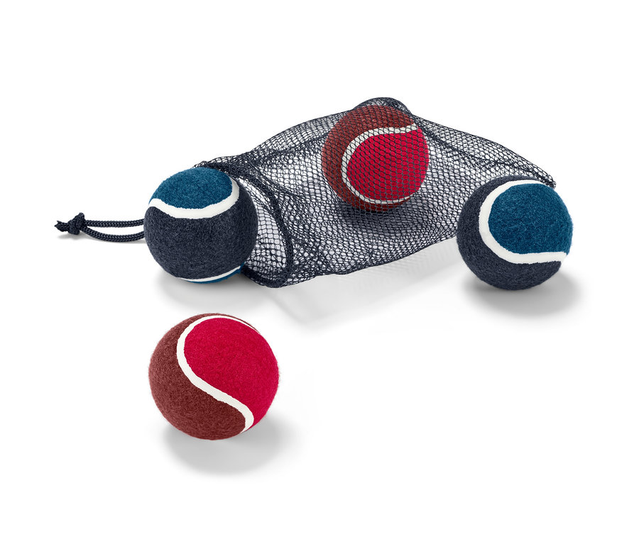 Négy játéklabda kutyáknak részben egy fekete hálós táskában.