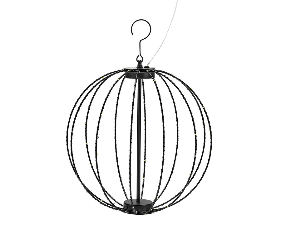 Egy fekete LED-es gömb fémből CH lóg egy fehér háttér előtt.