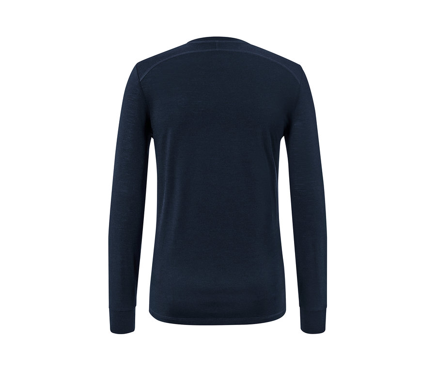 Sötétkék, hosszú ujjú funkcionális felső merinógyapjúval, hátulnézet.