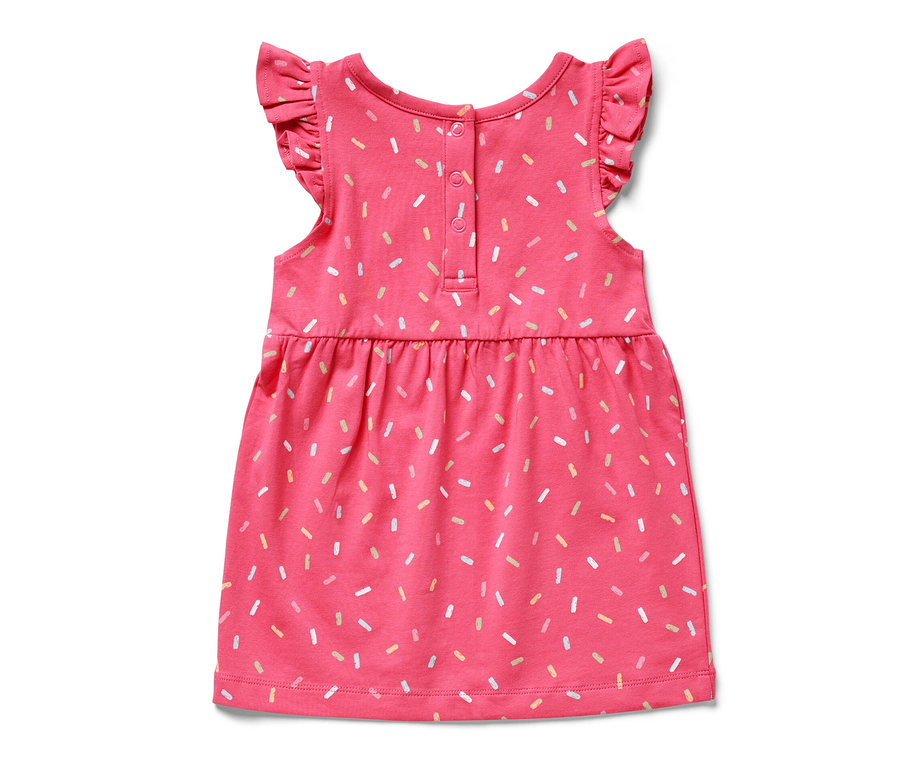 Rózsaszín lányka jersey ruha fodros ujjal és szórat mintával.