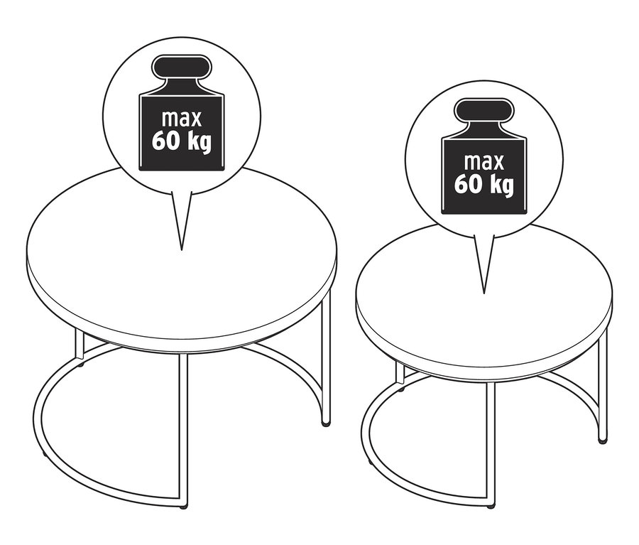 Két kerek, cement hatású asztallapos, fém lábú dohányzóasztal. Maximális terhelhetőség 60 kg.